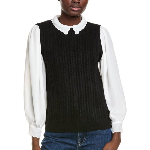 NWT CeCe Women's Knit Point Collar Long Sleeve Twofer Scalloped Sweater - Picture 5 of 5